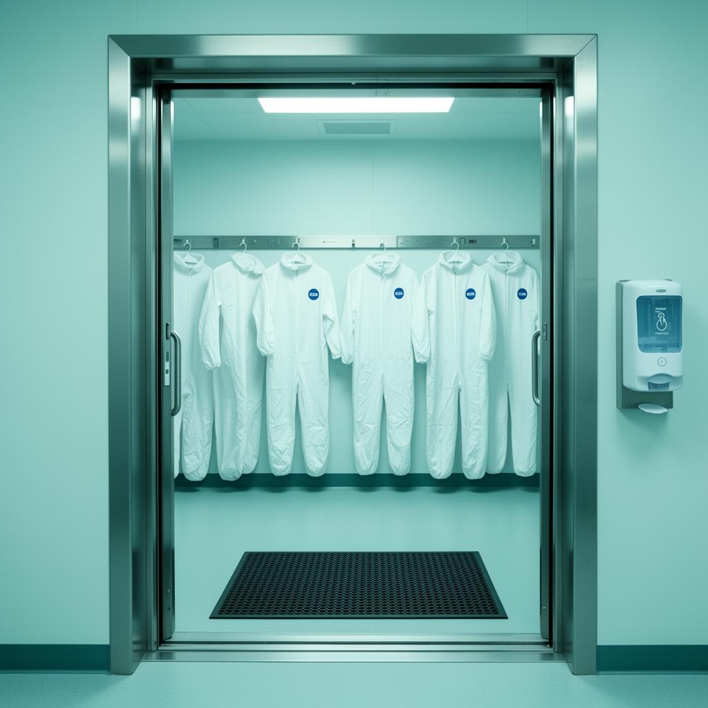 Cleanroom airlock gowning area with bunny suits and tacky mat