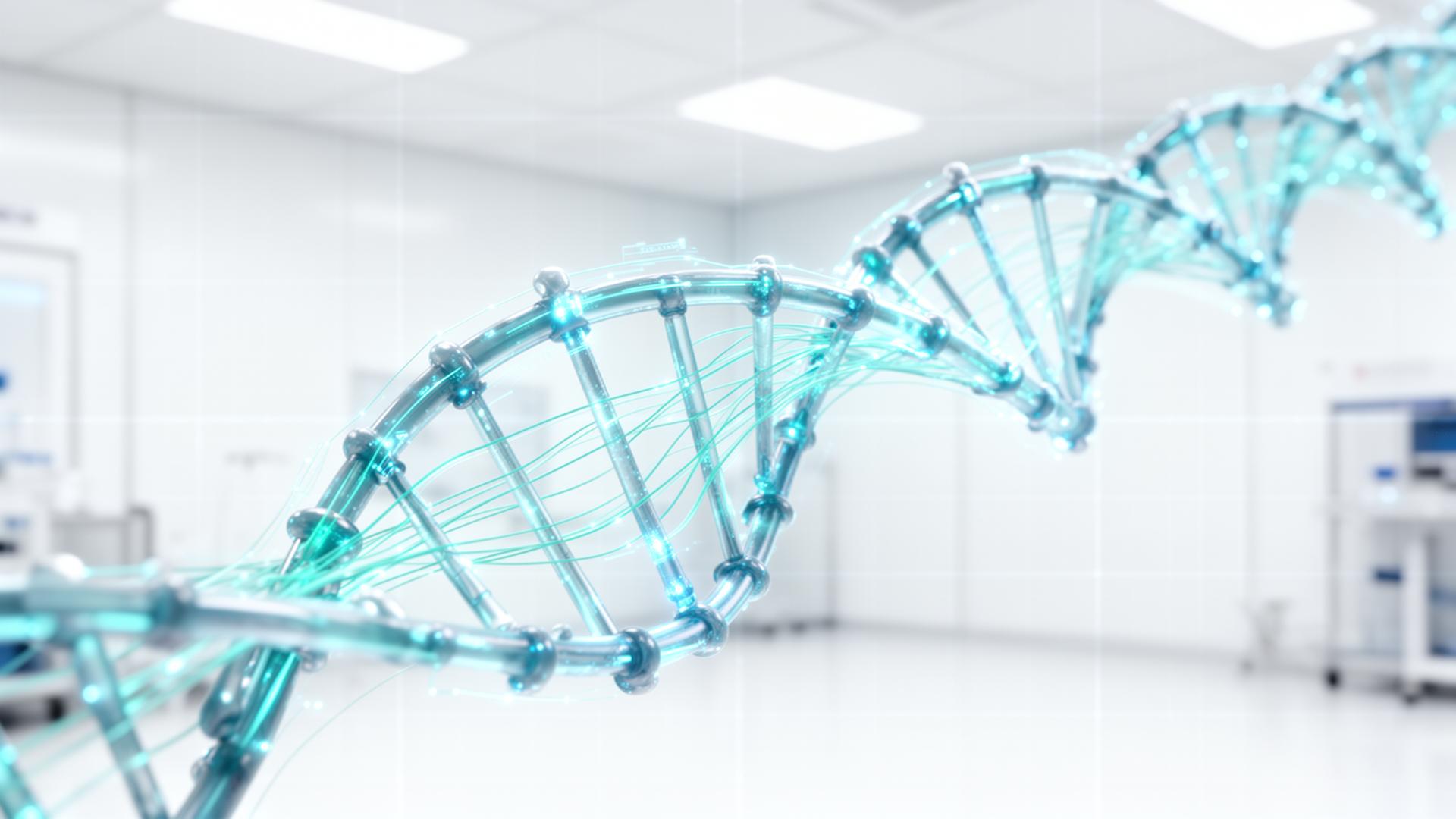 DNA helix with teal data filaments representing on-chain provenance